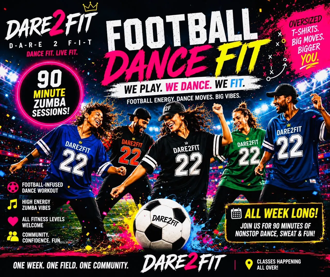 Football themed Dare 2 Fit Zumba poster